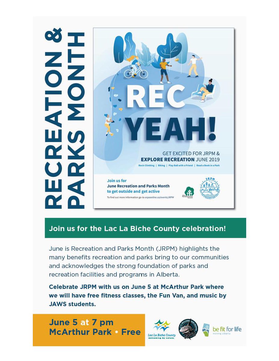 June is Parks, Recreation, and Physical Literacy Awareness Month and <a href="/LacLaBicheCo/">Lac La Biche County</a> <a href="/BFFLlaclabiche/">Deborah Menard</a> <a href="/PortageCollege/">Portage College</a> and LLB Active Kids &amp; P.L.A.Y. (Physical Literacy and You) Society will be there to celebrate with fun activities &amp; music on June 5 starting at 7pm in McArthur Park