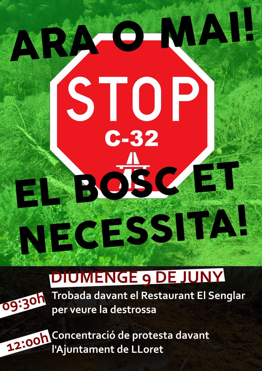 aturemc32's tweet photo. 📢 Diumenge 9 de juny la Costa Brava Sud et necessita 🆘

Talen arbres per fer una autopista, a la #CostaBrava MAI li caldrà una autopista! 🚘 ⛔

Declaren #emergenciaclimatica i van talant boscos 😤

Diumenge tothom a #Lloret 9.30 i 12.00
Si no ets tu, qui? Si no és ara, quan? https://t.co/XGbIL7hCuj