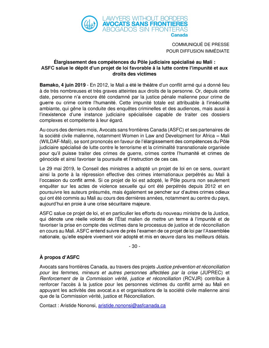 ASFCanada's tweet photo. @ASFCanada salue le dépôt d’un projet de loi favorable à la lutte contre l’impunité et aux droits des victimes au #Mali.
Le projet de loi prévoit l'élargissement des compétences du Pôle judiciaire spécialisé.
@CVJR_MALI @wildaf_mali @un_minusma @apdf_ml @comite_au @GouvMali https://t.co/lxDsxuHAmY