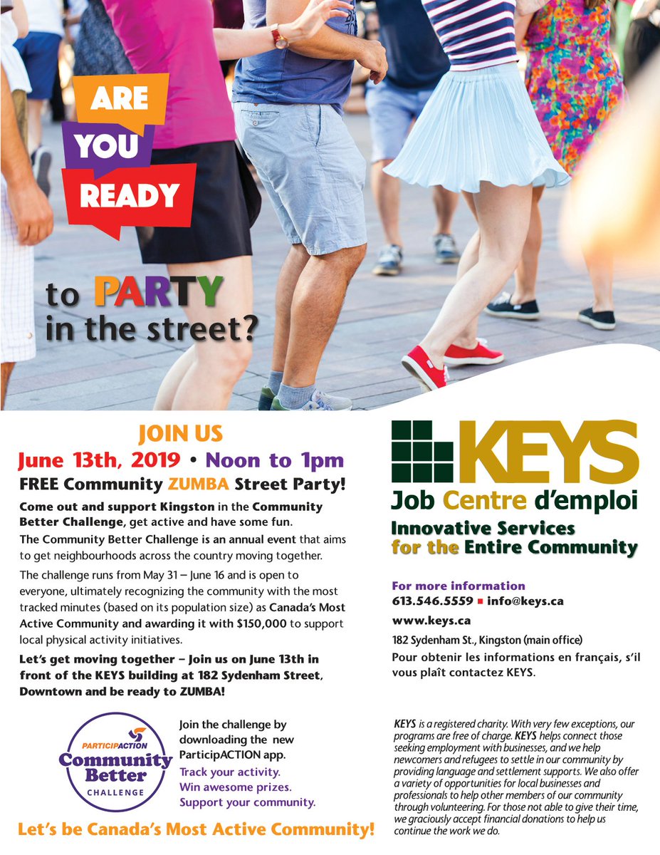 MichaelH_KEYS's tweet photo. #KEYS is supporting #CommunityBetterChallenge Kingston's movement to make Kingston Canada's Most Active Community (and win $$$ for #ygk). Join us on June 13th for our FREE Zumba Street Party. The details are on the flyer below. @YGKchallenge @ParticipACTION #Zumba https://t.co/J0Kez2Z2AZ