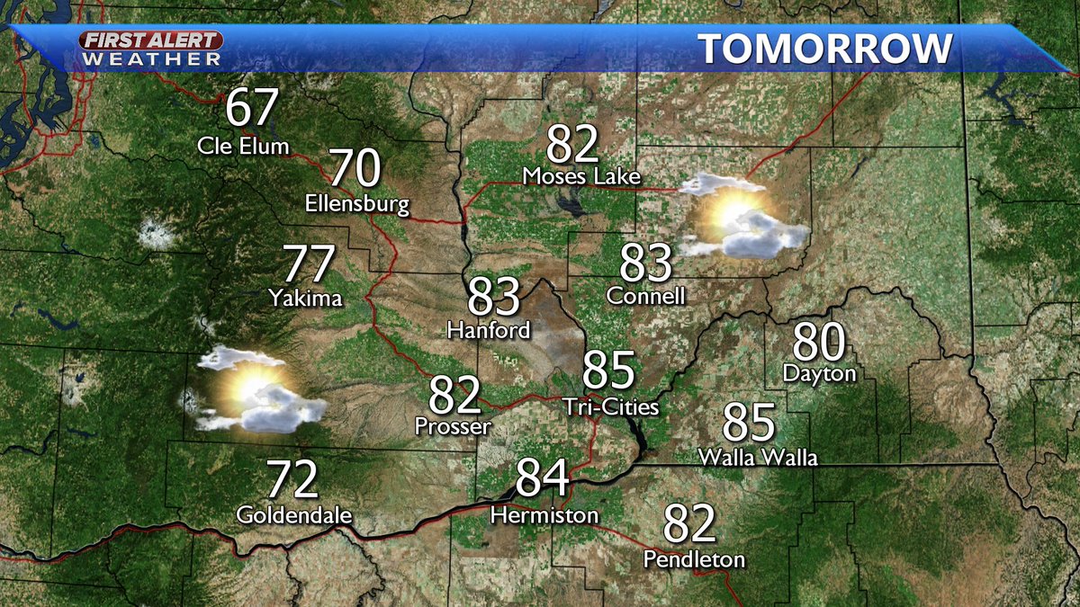 #Yakima and #TriCities will be partly cloudy for your Wednesday with highs in the mid 80's to mid 70's.