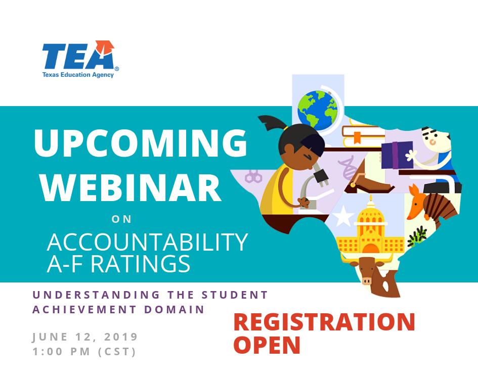 We are happy to announce the creation of our summer webinar series on the 2019 accountability rating system. Starting June 12, attendees will learn how performance data is used to generate ratings for campuses &amp; districts. RSVP here: bit.ly/30U7zwR #txed