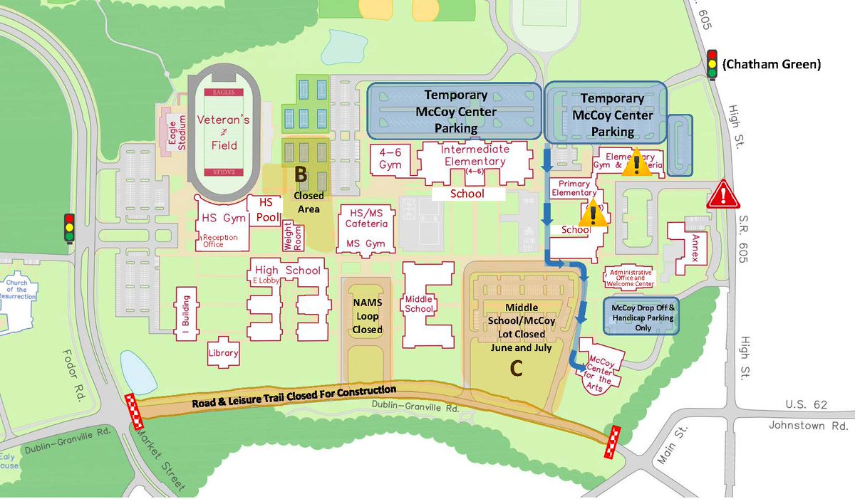 McCoyCenter's tweet photo. TEMPORARY ROAD CLOSURE: This summer Dublin-Granville Road will be shut down in front of the McCoy Center. Temporary off-site parking is highlighted below. https://t.co/6OComjmbzd