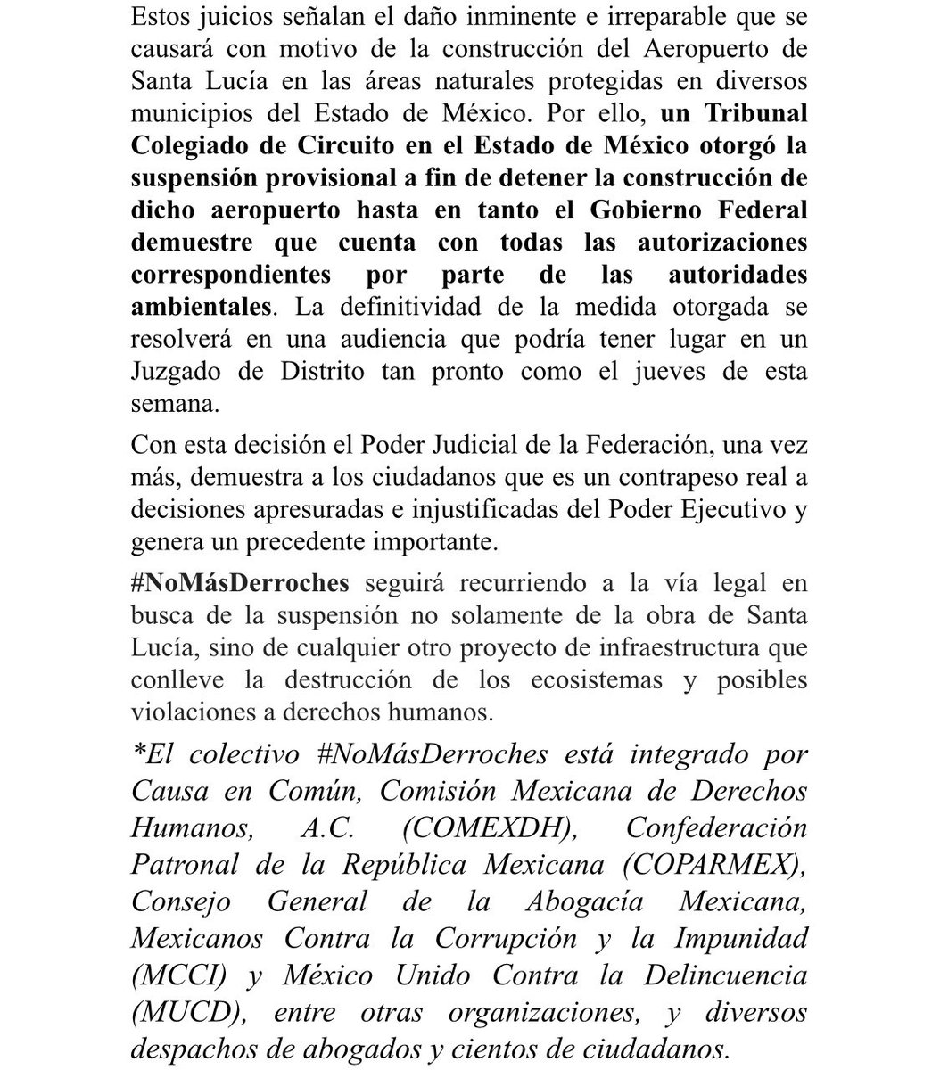 JoseMarioMX's tweet photo. El @ConsAbogaciaMEX es parte del colectivo #NoMásDerroches con el que logramos el amparo para suspender la obra del Aeropuerto de Santa Lucía. Recurriremos a la vía legal en cualquier otro proyecto que conlleve impacto ambiental o posibles violaciones a los derechos humanos. https://t.co/sY8lP1uWHZ