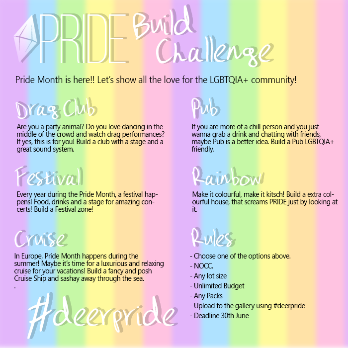 miss_cookiedoe's tweet photo. 🏳️‍🌈🏳️‍🌈 PRIDE BUILD CHALLENGE 🏳️‍🌈🏳️‍🌈
I hope to see great stuff coming from my ever first build challenge! Let's create awareness and support our LGBTQIA+ community! 🌈 

#deerpride #buildchallenge #thesims4 #thesims #pride @TheSims @SimGuruFrost @SimGuruLyndsay https://t.co/0Ohs0jcCR9