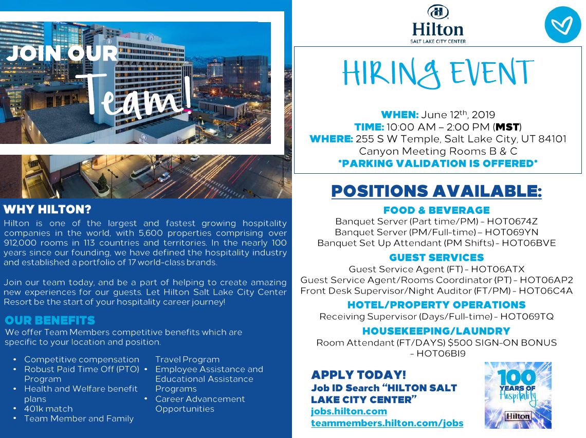 #Hilton is #hiring! Stop by for on the spot interviews and potential offers at @HiltonSLCC this upcoming Wednesday, June 12th from 10am to 2pm (MST)! #jobfair #CareerFair #SaltLakeCity #Hilton100