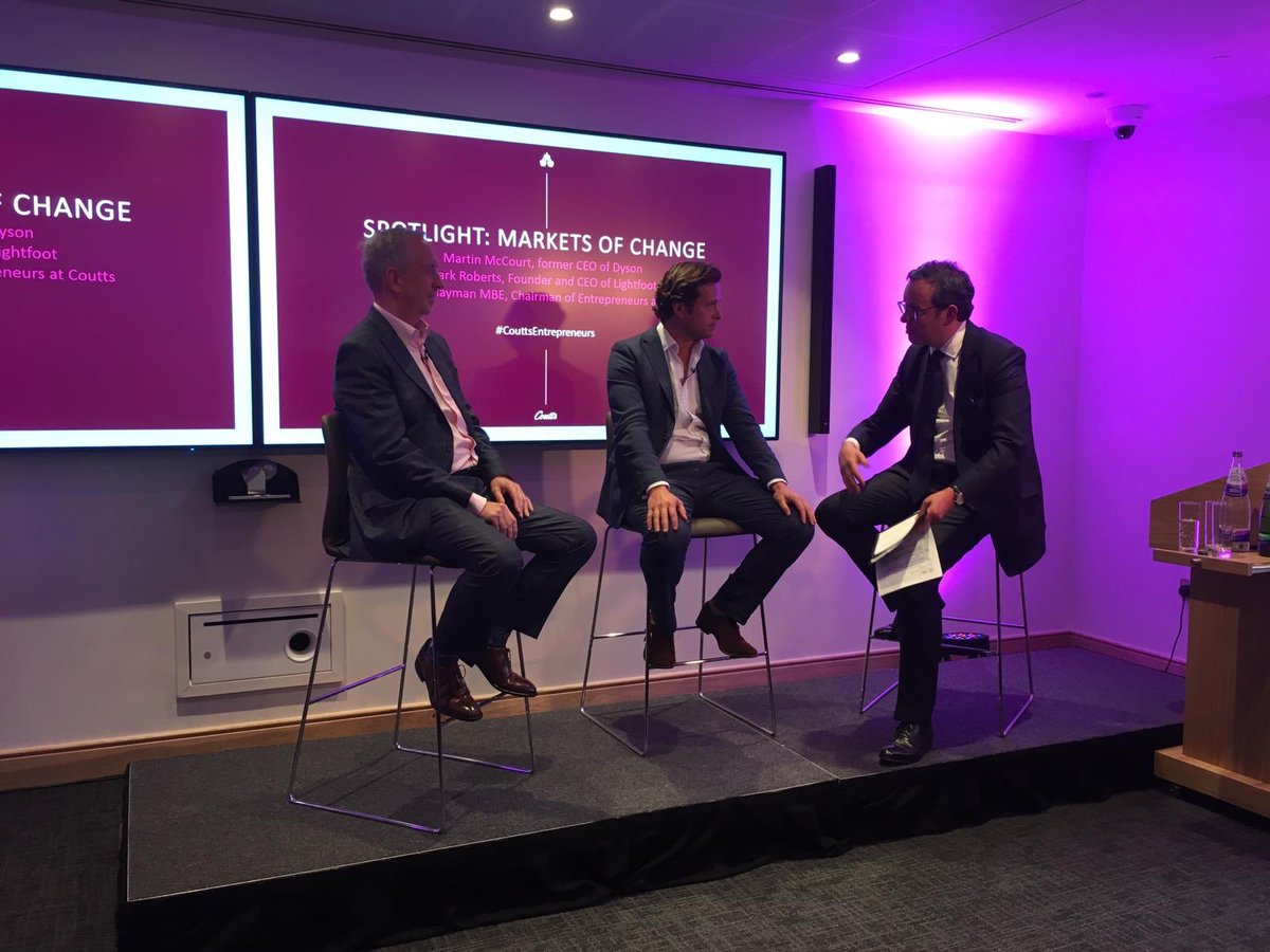 “One of the signs of an entrepreneurial spirit is a difficult ride. You have to accept there will be setbacks and the best entrepreneurs get through that.” <a href="/mccourtmartin/">Martin McCourt</a> chair of @Lightfoot_UK in conversation with its founder Mark Roberts, and <a href="/michaelhayman/">michael hayman</a> #CouttsEntrepreneurs