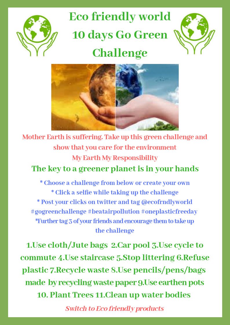 greenkindworld's tweet photo. Choose a challenge from the card or create your own
* Click a selfie while taking up the challenge
* Post your clicks on twitter and tag @Ecofrndlyworld #gogreenchallenge #beatairpollution #oneplasticfreeday 
*Further tag 3 of ur friends &amp; encourage them to take up the challenge https://t.co/od63wfCDyR