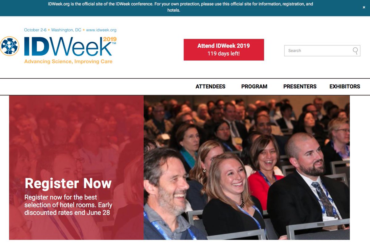IDWeekmtg's tweet photo. PT 1: #IDWeek2019 attendees: Please be aware that https://t.co/YSUdt884dj is the ONLY official website for registration. Experient is the official housing provider, which can only be accessed through https://t.co/706cvx8Uxu. Fraudulent websites have been reported. https://t.co/kIHM4MzrRt
