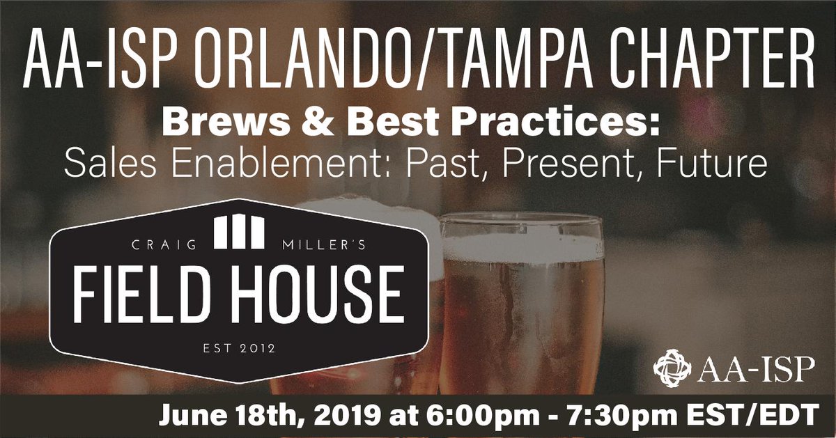We are excited to announce the next Tampa/Orlando Chapter meeting and the ongoing #Brews &amp; Best Practices Series. We are pulling together a panel of guest speakers to discuss where #salesenablement has been and where it's going. Register bit.ly/2HKpsGW  <a href="/ChadNuss/">Chad Nuss</a>,