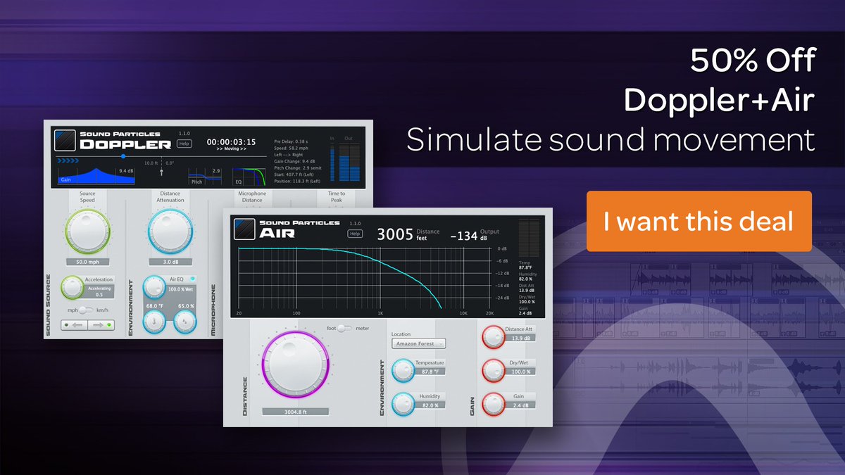 AvidProTools's tweet photo. Don’t limit your creative sonic desires – act now! Get 50% off @soundparticles Doppler+Air sound emulation plugin
⠀
▶️ https://t.co/BdhoIJiMfX
⠀
#plugin #soundemulation #specialoffer #dopplerair #protools #sounddesign #audiopost https://t.co/pl4wnP02Ou
