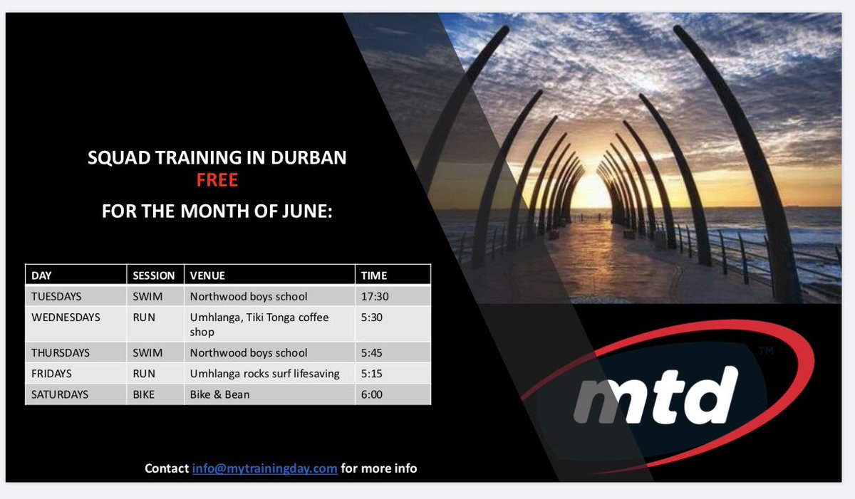 Join MTD Durban for FREE squad training in June. Contact info@Mytrainingday.com for info