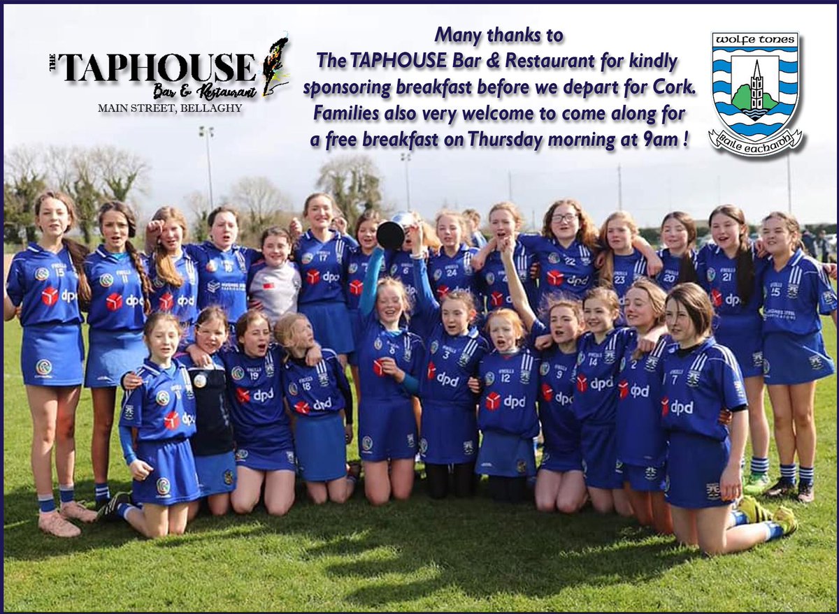 BellaghyGAC's tweet photo. Special thanks to #TheTapHouse for their generosity in preparing our young camogs and their families a wonderful breakfast ahead of the long trip to Cork for #Feile19 https://t.co/kd6AVd8eSk