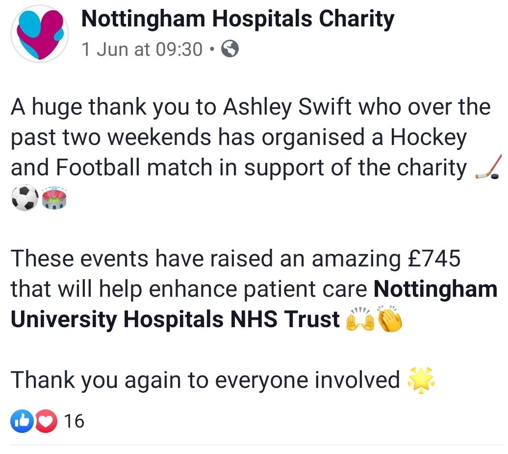 NottsWatch's tweet photo. Well done to Ashley Swift to organising one football match and one hockey match in support of Nottingham Hospitals Charity. The money will help enhance patient care. These selfless acts are part of the reason we love charities so much! Well done! 

#charities #nottswatch https://t.co/JnOeExTueJ