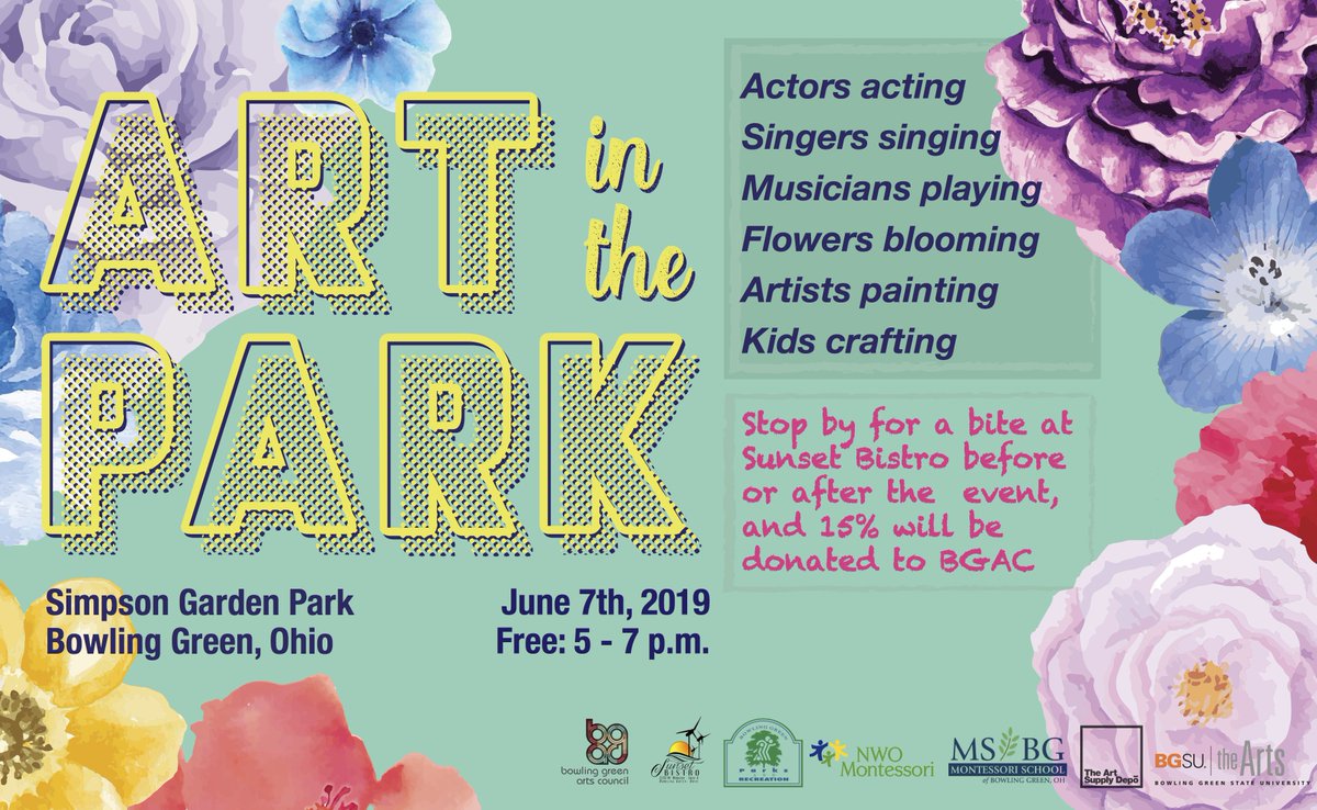 The annual Art in the Park event is this Friday! Join us as an artists or as a visitor🌻 Stop by Sunset Bistro before or after and 15% will be donated to the BGAC.