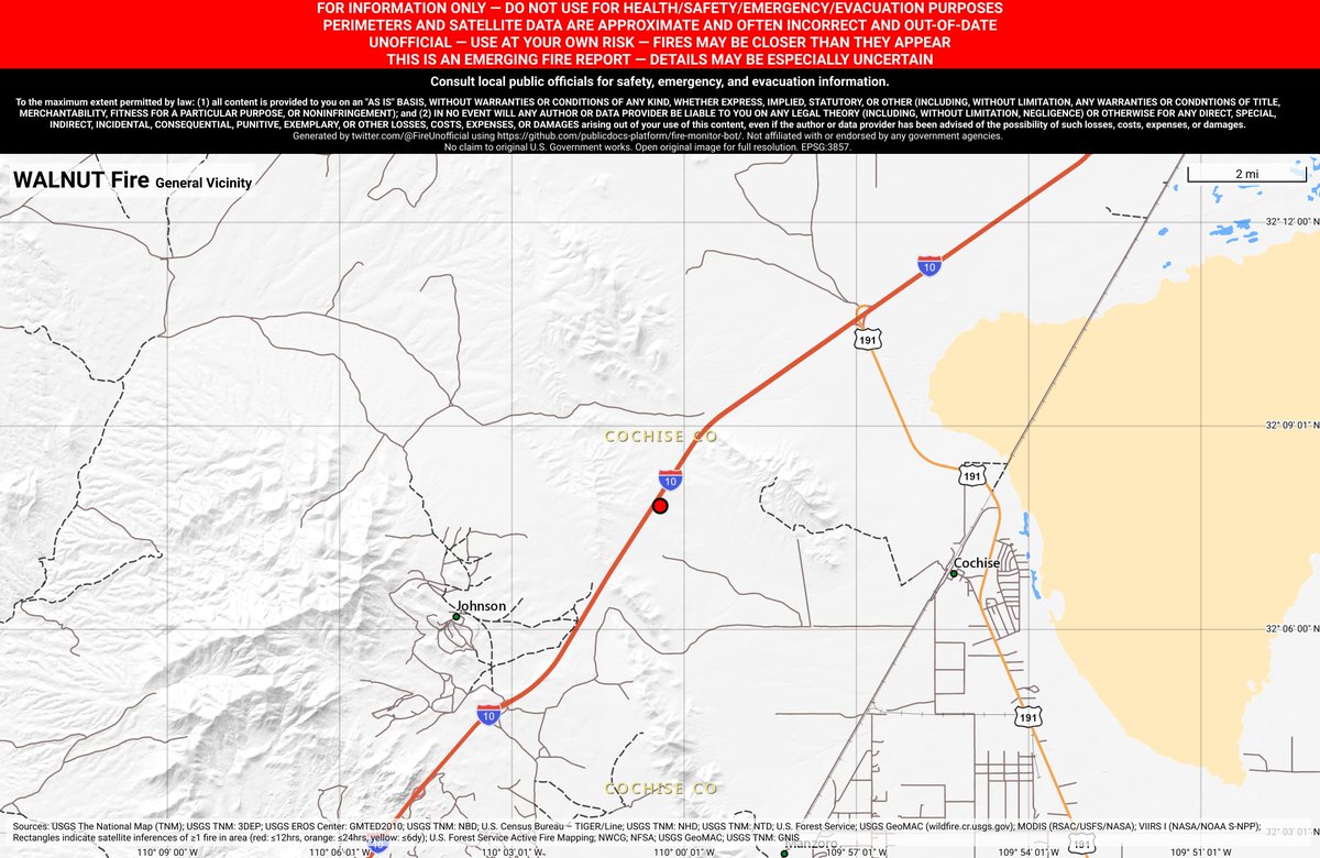SWFireBot's tweet image. #WalnutFire 🔥 discovered Jun 4, 2019, 6:54 PM UTC - unofficial report.
#CochiseCounty @AZStateForestry; ~7mi NNE of Dragoon, AZ. ~50mi E of Tucson, AZ. See officials for safety info. May be incorrect; disclaimers in images.