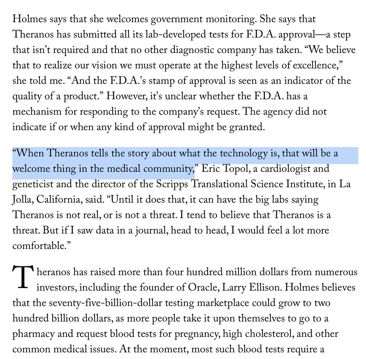 EricTopol's tweet photo. @JosephFuisz @halletecco @SkipFleshman @NatureNews @Rock_Health Thanks. It was hard to assess LabCorp's perspective as a competitor
Remember John Carreyrou took > 9 mos to crack the case
@newyorker 2014 https://t.co/ClnfOjtRnB
Epilogue of #PWSYN
In the Cramer segment I said Theranos was a segue to democratizing lab tests-
which is happening https://t.co/NstbBfShik