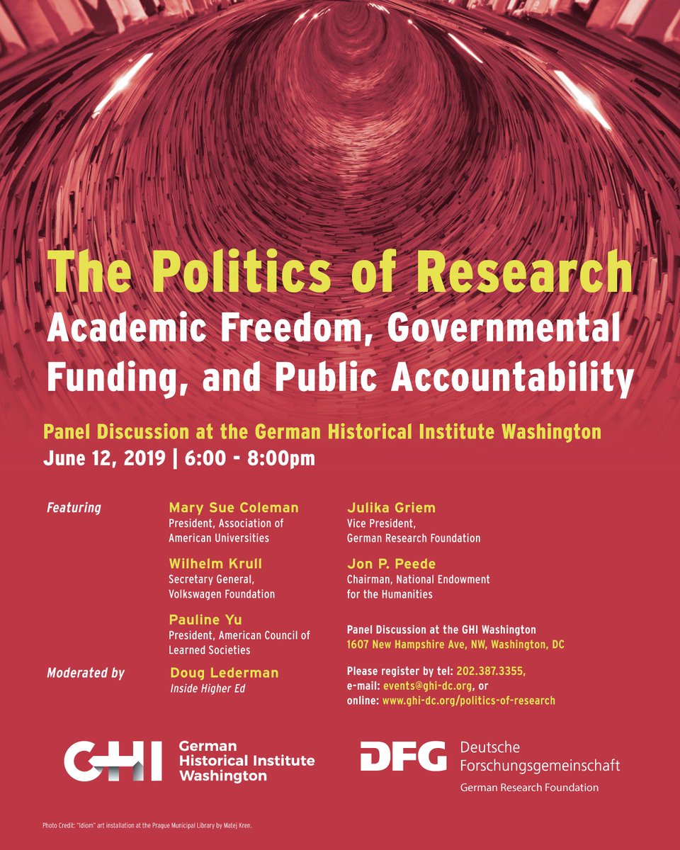 Wed. June 12 we're hosting "The Politics of Research: Academic Freedom, Governmental Funding, and Public Accountability" in collaboration with <a href="/dfg_public/">DFG public | @dfg_public@wisskomm.social</a> &amp; featuring leaders from <a href="/AAUniversities/">AAU</a>, <a href="/ACLS1919/">ACLS</a>,  <a href="/NEHchair/">NEH Chair</a>, and <a href="/VolkswagenSt/">VolkswagenStiftung</a>. To RSVP: ghi-dc.org/events-confere…