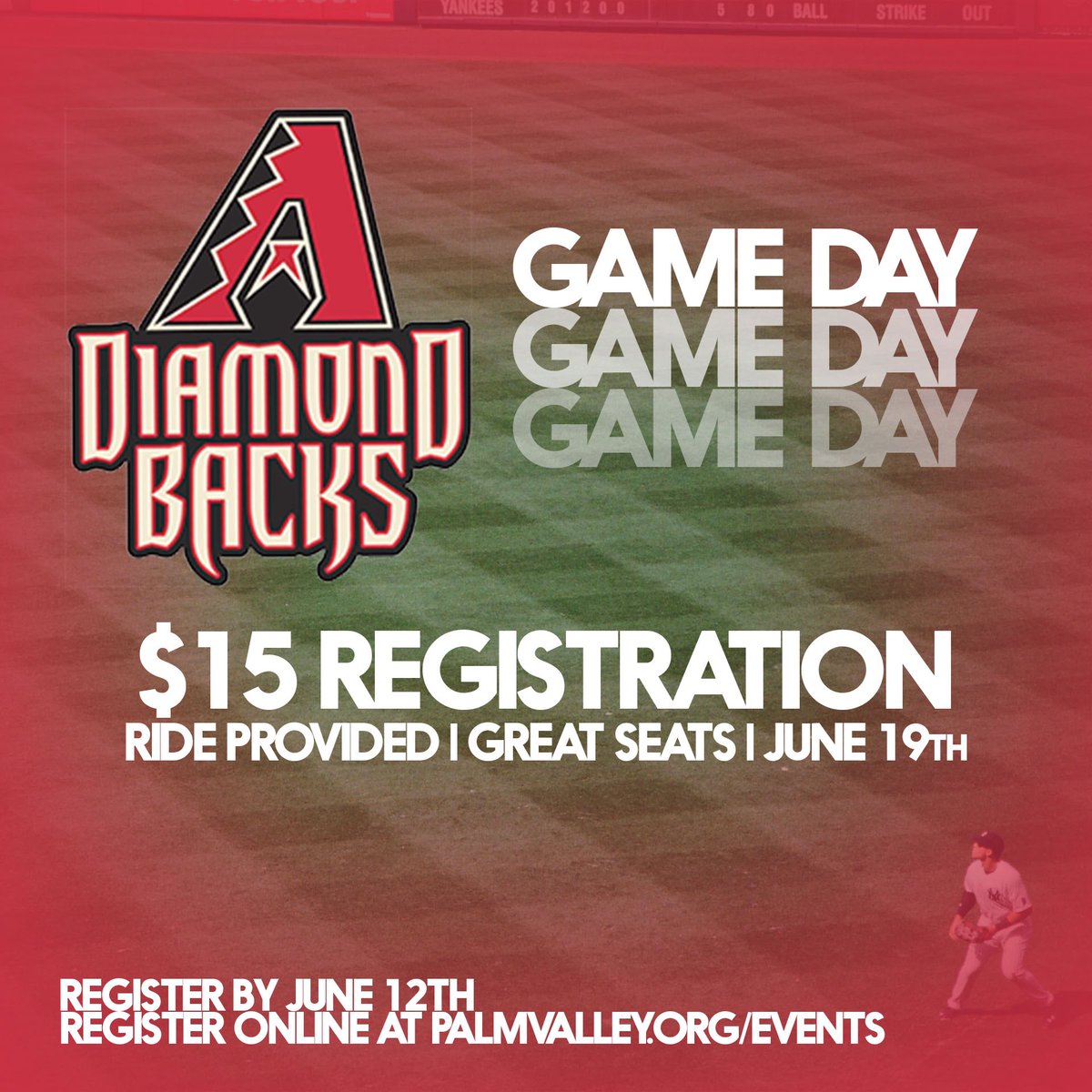 PVC678's tweet image. GAME DAY is June 19th! Register online so we can enjoy a DBacks game together. Rides are provided! We’ll be meeting at the church at 5:30pm, and then leaving at 6pm. Register online:
Palmvalley.org/events
See you there!!