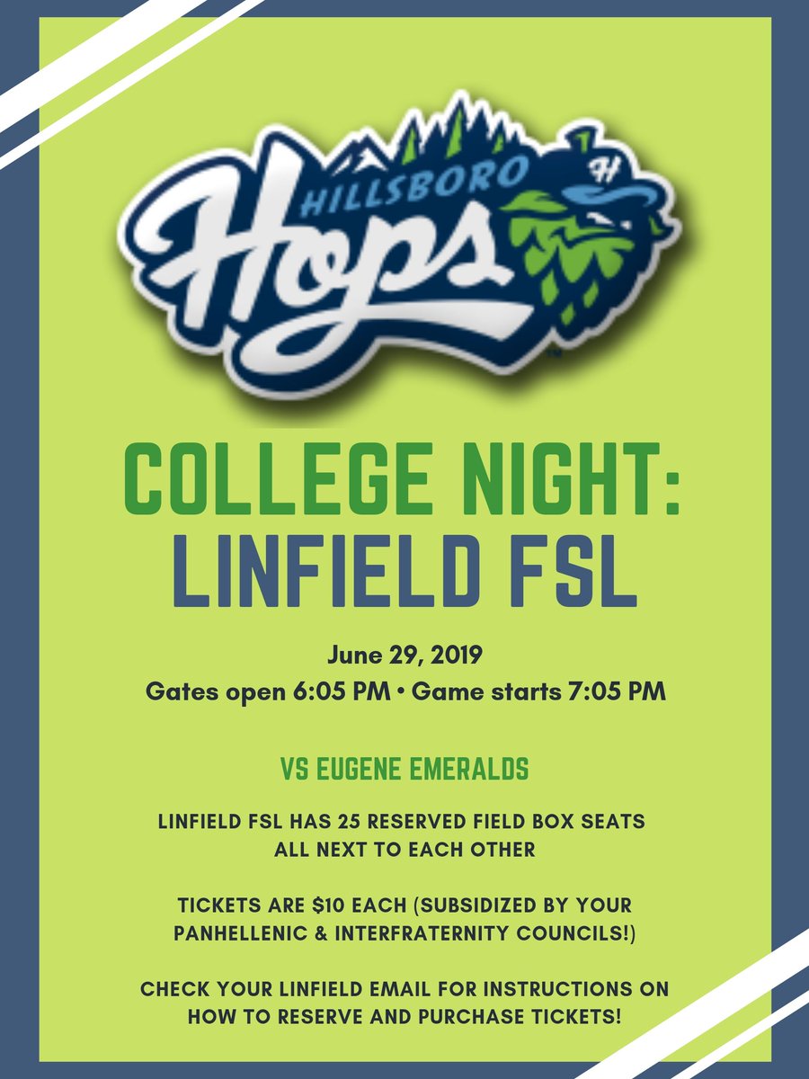 LinfieldFSL's tweet photo. FSL members & recent grads - check your Linfield email for info on how to get $10 tickets to the June 29th @HillsboroHops game! Linfield FSL has 25 reserved seats together at the game βΎοΈπ§’ #LinfieldFSL #CollegeNight #HillsboroHops https://t.co/AcRI0obS9y