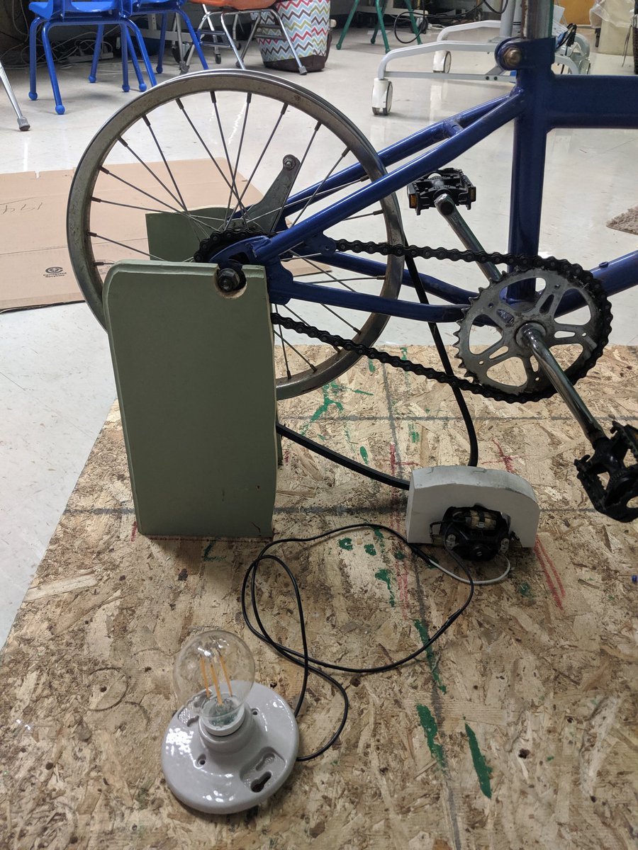esbsteamcoord's tweet image. A group of 5th graders and j need some help. Theoretically we should be able to use  bike power to light this LED light bulb with a 120v motor. It is not working. #steamhelp #steameducation #electricalengineering #elementaryengineering