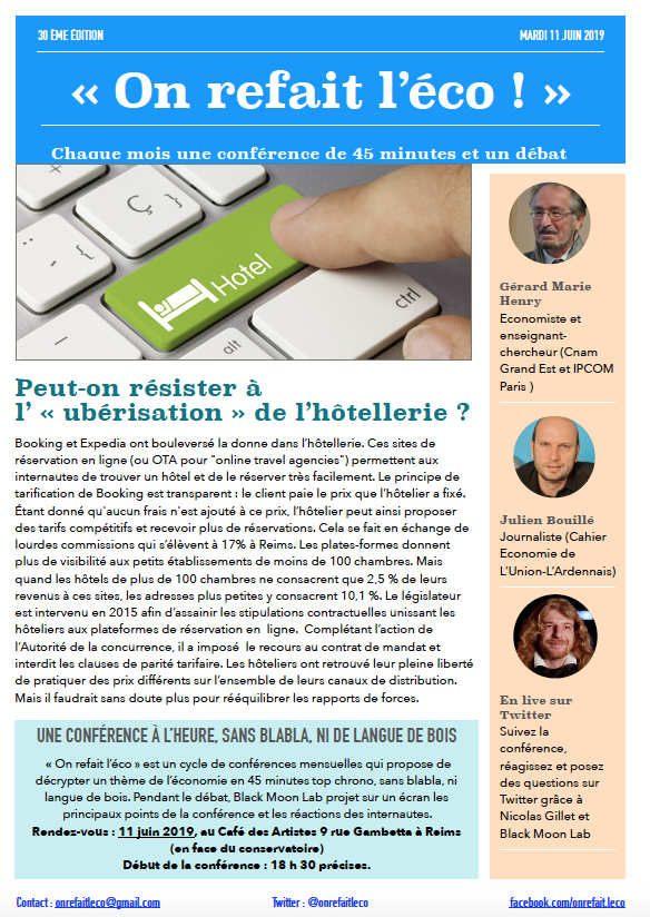 onrefaitleco's tweet image. la 30e de @onrefaitleco ce mardi 11 juin à Reims au @artistes_cafe avec @tremillec @NicoGillet @JulienBouille On va vous parler de l'ubérisation de l'hôtellerie !