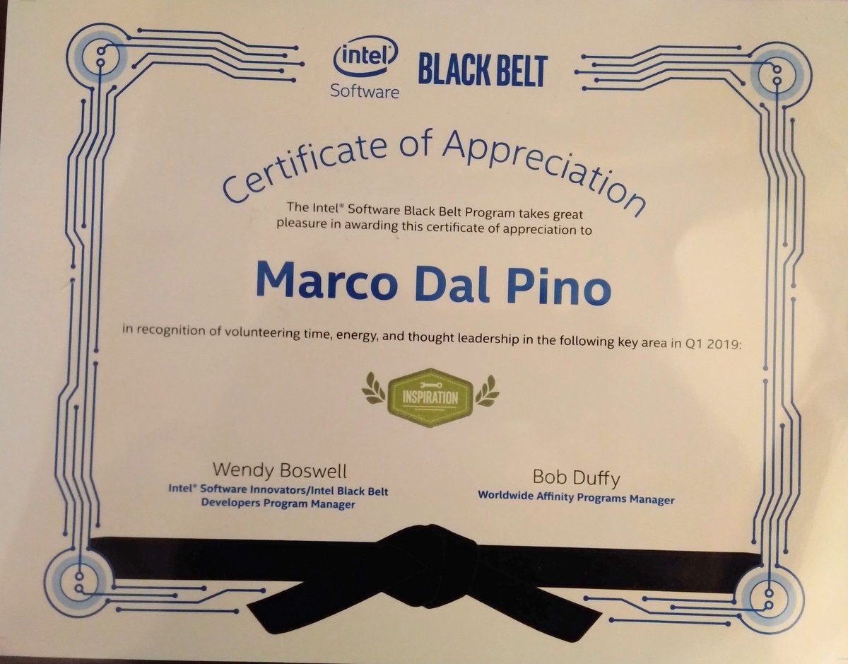 MarcoDalPino's tweet photo. And here I am! Proud to be part of this great #community! @IntelSoftware #Innovator #IntelBB /w @bobduffy @wboswell @CaptGeek https://t.co/XOGJL3Lm1l