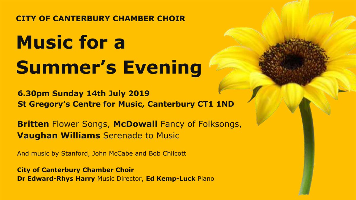 Coming soon - 6.30 pm Sunday 14 July, St Gregory's Centre for Music <a href="/CanterburyCCUni/">Canterbury Christ Church University</a>  'Music for a Summer's Evening' incl works by Vaughan Williams, Britten, McDowall, Stanford, McCabe and <a href="/bobchilcott/">Bob Chilcott</a>. Collection in aid of <a href="/braintumourrsch/">Brain Tumour Research</a> - ticketsource.co.uk/canterburycham…