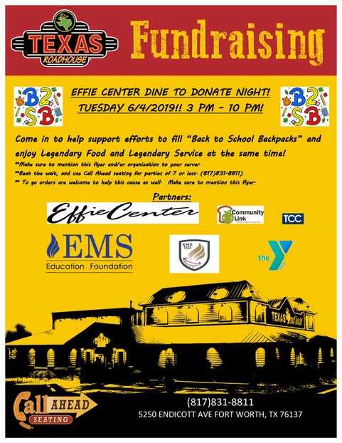 BoswellBandGold's tweet photo. Come to @TexasRoadhouse for dinner tonight and #DineToDonate for our friends at the @EffieCenter - Mr. & Mrs. Fallon will be there too, so stop by and say Hi if you see them! #AnyExcuseForDateNight #EffieCenter #Back2SchoolBackPacks https://t.co/20w95FJlxD