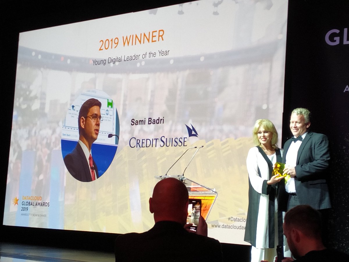datacloudAwards's tweet image. Young Digital Leader of the Year is awarded to Sami Badri @CreditSuisse. Amazing win at the #DatacloudAwards #2019Winner