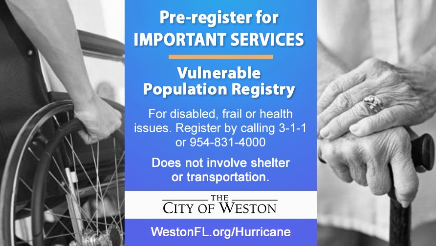 CityofWeston's tweet photo. Hurricane season is here. For those with Special Care Needs - be sure to enroll in the appropriate registry NOW before assistance is needed.  Caretakers should help enroll those in need @CityofWeston @browardsheriff @BrowardCounty https://t.co/35zbm2vWz1