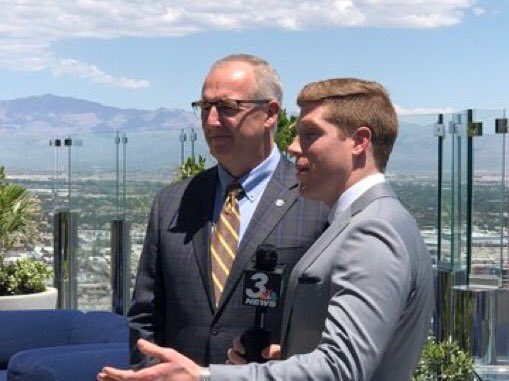 LasVegasBowl's tweet photo. Moments after the #LVBowl2020 announcement @JSacc, LV Bowl Executive Director, &amp; commissioners Larry Scott (@pac12), Jim Delany (@bigten) &amp; Greg Sankey (@SEC) spoke with the media about the partnership coming to @LasVegasStadium! #espn #espncfb https://t.co/EwWlpq8zME