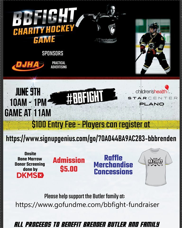 MckNorthStars's tweet image. Charity hockey game this Sunday for Brenden Butler. Brenden is a local player that has played for DJHA and Plano East who was diagnosed with Ewing's Sarcoma. The event &amp;amp; a gofundme page, are designed to help the family. @DallasPenguins