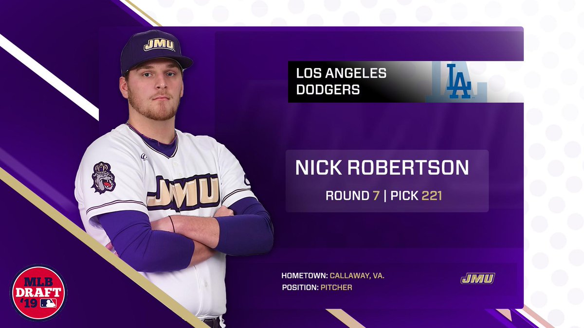 JMUBaseball's tweet photo. RD: 7️⃣
PICK: 2️⃣2️⃣1️⃣

Nick Robertson you have a call on line one! Congrats to the big guy on being drafted by the @Dodgers ! LA you guys got a good one!

#GoDukes
#ProDukes https://t.co/IoNytevb87