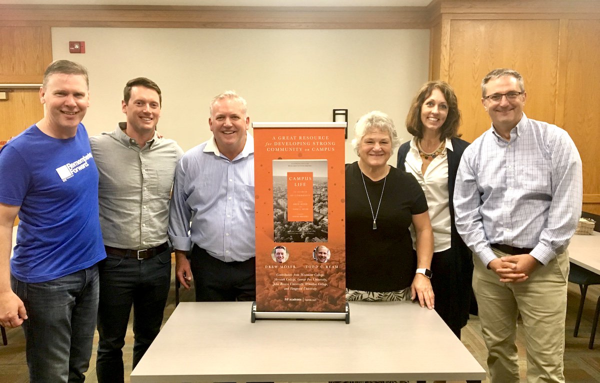 ivpacademic's tweet photo. 'Campus Life' launched at #ACSD19 this week and we caught up with some of the contributors to celebrate! @drewmoser (@tayloru), Steve Beers (@JohnBrownUniv), Brad Lau (@georgefox), Edee Schulze (@WestmontNews ), @khansenkieffer (@messiahcollege), Paul Chelsen (@WheatonCollege). https://t.co/pqCNjrRnD5