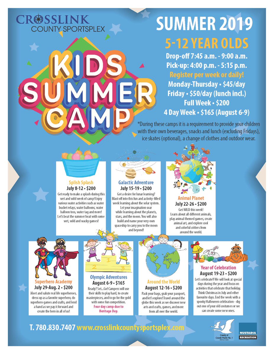 CGPsportsplex's tweet photo. Summer Camp registration is open, with a fun new theme each week! They will partake in ice skating(optional), visits to the park, crafts,  indoor field activities, bouncy castles, and much, much more! Register for full weeks or daily https://t.co/DD8LdhbNrS or call 780-830-7407. https://t.co/TVgeTLVw5x