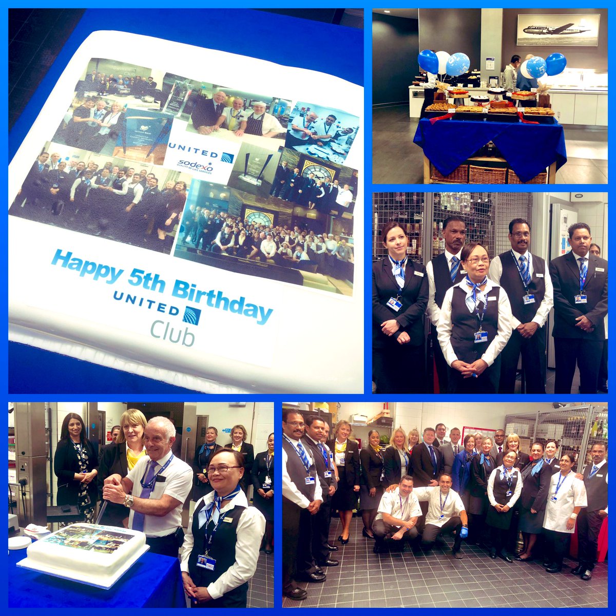 CarlaOReillyUA's tweet photo. Celebrations today at #unitedclub, LHR as we commemorate our 5yr working partnership with @SodexoSandL, coinciding with the 5th Birthday of our club. ”Cake all round!” for staff &amp; customers. @weareunited #BeingUnited https://t.co/utbtZ7gpD6