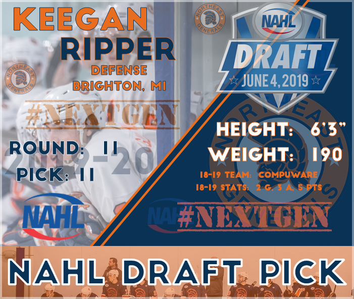 With our next pick in the <a href="/NAHLHockey/">NAHL</a> Draft the <a href="/negenerals/">Northeast Generals</a> select towering D man <a href="/KeeganRipper16/">Keegan Ripper</a> from Compuware!  #NextGen #NAHLDraft
