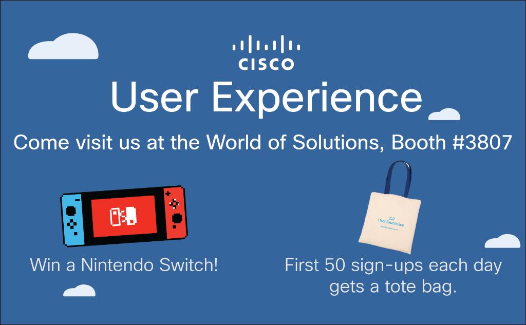 CiscoNetworking's tweet photo. Get in the game 🎮 Come by @Cisco User Experience booth &amp; sign-up to influence the future of our products! You'll get a chance to win a #Nintendo Switch! @CiscoLive #CLUS https://t.co/zJO7mglpG4