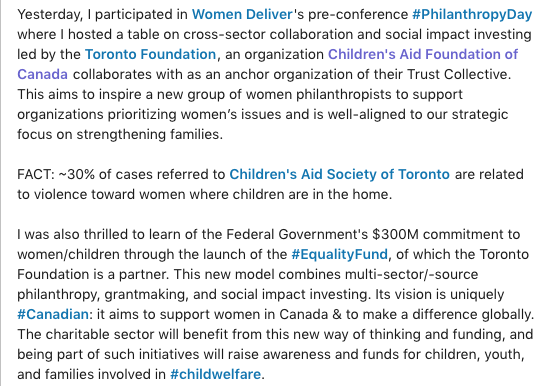 Yesterday, I participated in <a href="/WomenDeliver/">Women Deliver</a>'s pre-conference #PhilanthropyDay talking about cross-sector collaboration &amp; social impact investing. Was also thrilled to learn about this: bit.ly/2Krcboh <a href="/TorontoFdn/">Toronto Foundation (Archived Account)</a> #WD2019 #genderequality #equalityfund #standupforkidscanada
