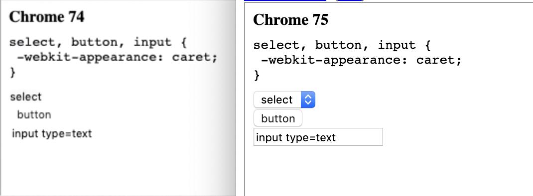 Given the CSS `select, button, input { -webkit-appearance: caret; }`, Chrome 74 renders these controls without borders and without the native OS appearance. Chrome 75 renders the controls as normal.