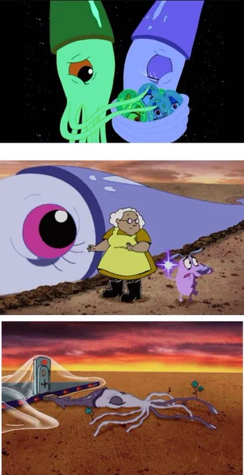 Another favorite of mine was the squids that created stars and the dad squid was eaten by a whale, so the mother went to earth to lay her eggs but was captured by the government and in the end died and became a garden 