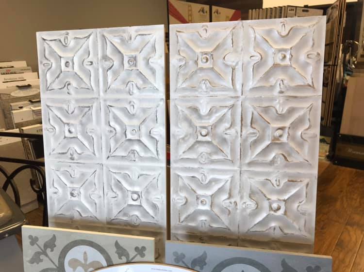 BrandedFloors's tweet photo. Brand New Tile Product now in our showroom!! Porcelain 12”x36” rectangular large format antique #TinCeiling Tile look, what do you think? Great for Back splashes, tub surrounds, shower walls, fire place refacing or even an accent wall. Available in 2 colors. #TrackArt #Trending https://t.co/qryQEgwonI