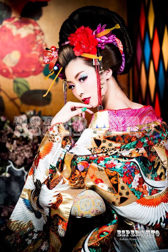 Japan, Geisha, hypnotizing the ones who wants company, with high sophisticated make up, hair dress and services ; the birds showing the tumultuous/vibrancy of the entire experience