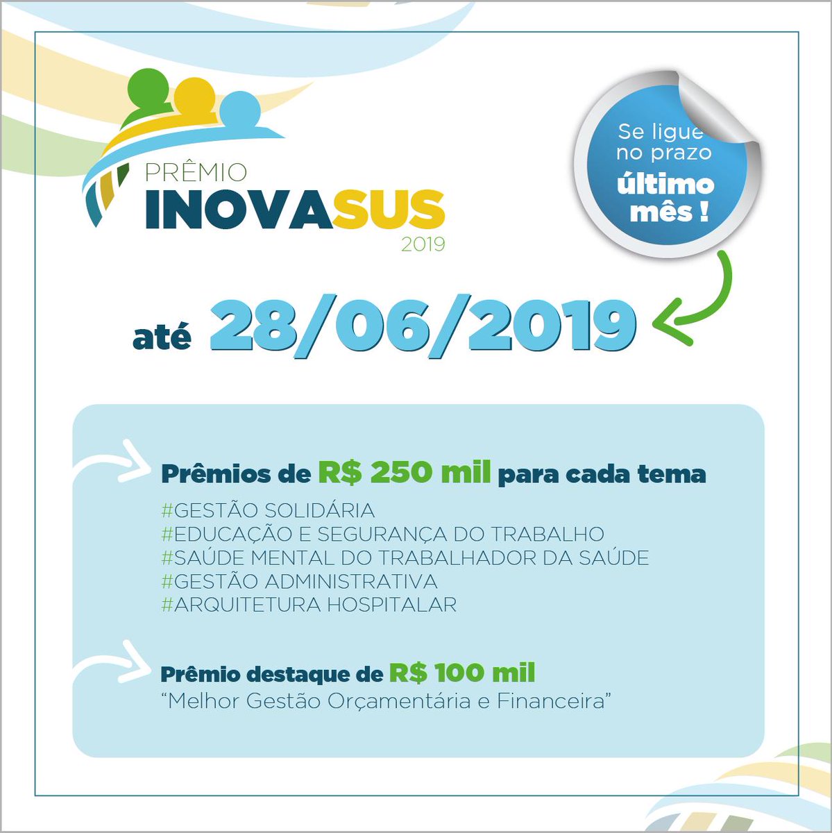 SGTES_MS's tweet photo. Ainda dá tempo de fazer a inscrição do seu projeto para o Prêmio Inovasus 2019. Confira todas as informações sobre o #Inova2019 e participe ; ) https://t.co/AWpUlPy3VD #Inove-se https://t.co/qLLKzBX96i