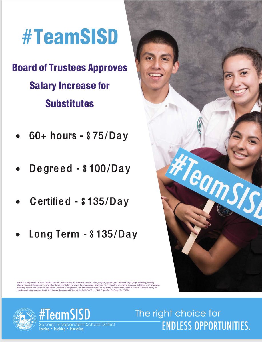 #TeamSISD Board of Trustees approve a salary increase for SISD Substitute Teachers. #EndlessOpportunies