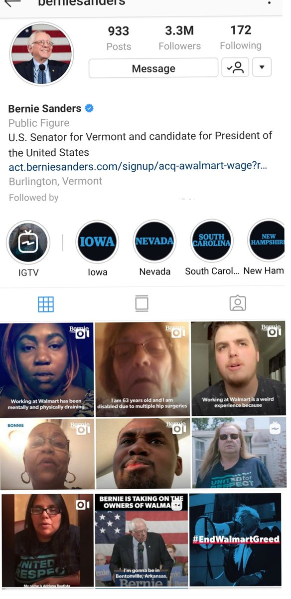 banditelli's tweet photo. .@BernieSanders IG page right now is a thing of beauty. 😭😭😭😭 #EndWalmartGreed https://t.co/8Tw5BaADsK