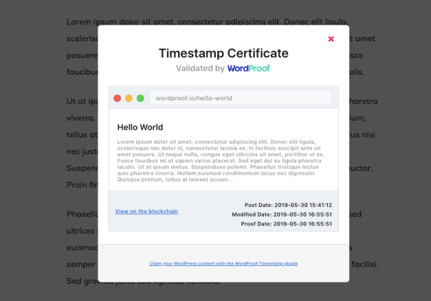 [ <a href="/WordProofio/">WordProof | Let's Build the Trusted Web, Together</a> Timestamp Plugin is now Available ]

WordProof Timestamp is a new free plugin that bridges the WordPress and blockchain communities.

Learn More at EOS News: t.me/EOSNEWS_English