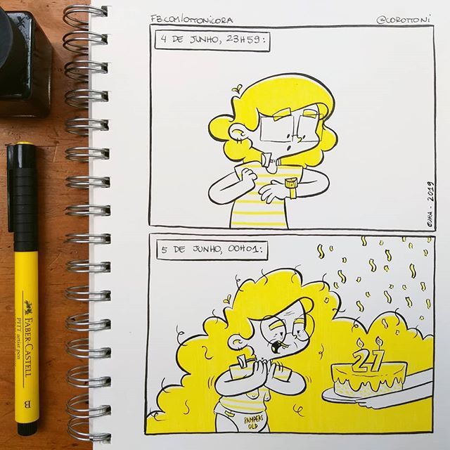 corottoni's tweet photo. Hoje postei a tirinha mais perto do final do dia por motivos de #coraidosa. Eu amo fazer aniversário,  e vocês? <3
.
.
#corenstein #gemeos #gemini #aniversario #festa #junho #5dejunho #amarelo #tirinha #idosa #humor #bolo #ficavaiterbolo #sketchbook #qua… https://t.co/iYnxjKeu9J https://t.co/86P6tz5awq