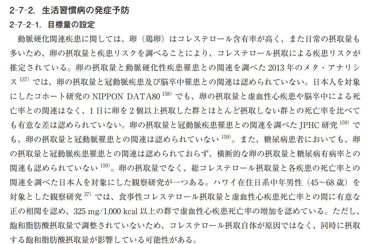 渡 辺 信 幸 On Twitter 厚労省 コレステロール摂取量が直接血中コレステロール値に反映されるわけではない 卵の摂取量と冠動脈疾患及び脳卒中罹患との関連は認められていない 脂質の目標量は設定しなかった 日本人の食事摂取基準2015 より引用p125